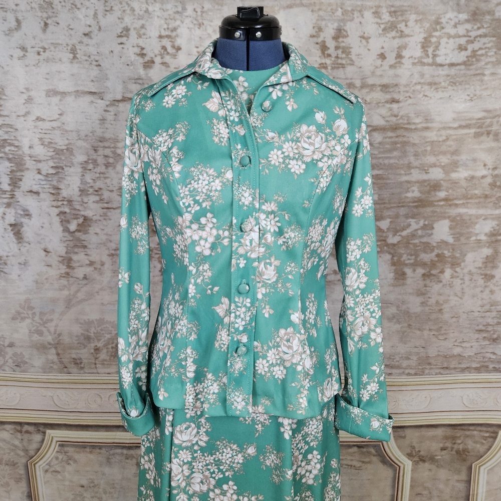 Vintage 1970s M Maxi Dress & Jacket Green Floral Mod Vintage VTG 70s Sleeveless - Picture 4 of 16